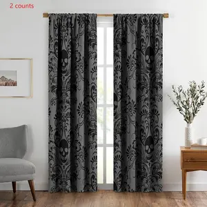 Skull Pattern Curtain, 2 Counts/set Gothic Vintage Floral Curtain, Window Treatments for Home Living Room Bedroom Hotel Decor