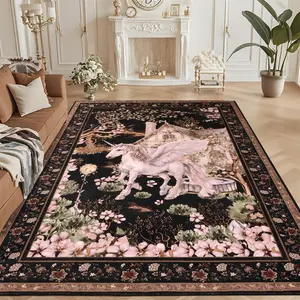 Geanup Unicorn Floral Rug for Living Room Machine Washable, Dragon Bedroom Rug with Non Slip Rubber Backing, Low Pile Farmhouse Deer Wolf Carpet for Kids Playroom Dining Room Nursery