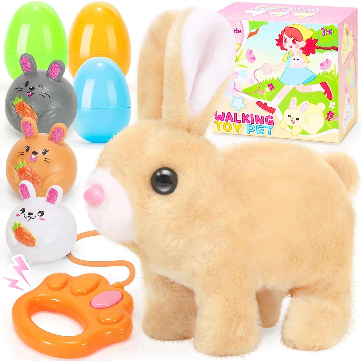 CatchCute Easter Plush Bunny Toys for Kids,Interactive Bunny with Sounds,Can Walk,Wag Tail and Twitch Nose with Remote Control Leash,Easter Eggs with Pull Back Cars,Easter Birthday Gift for Toddlers
