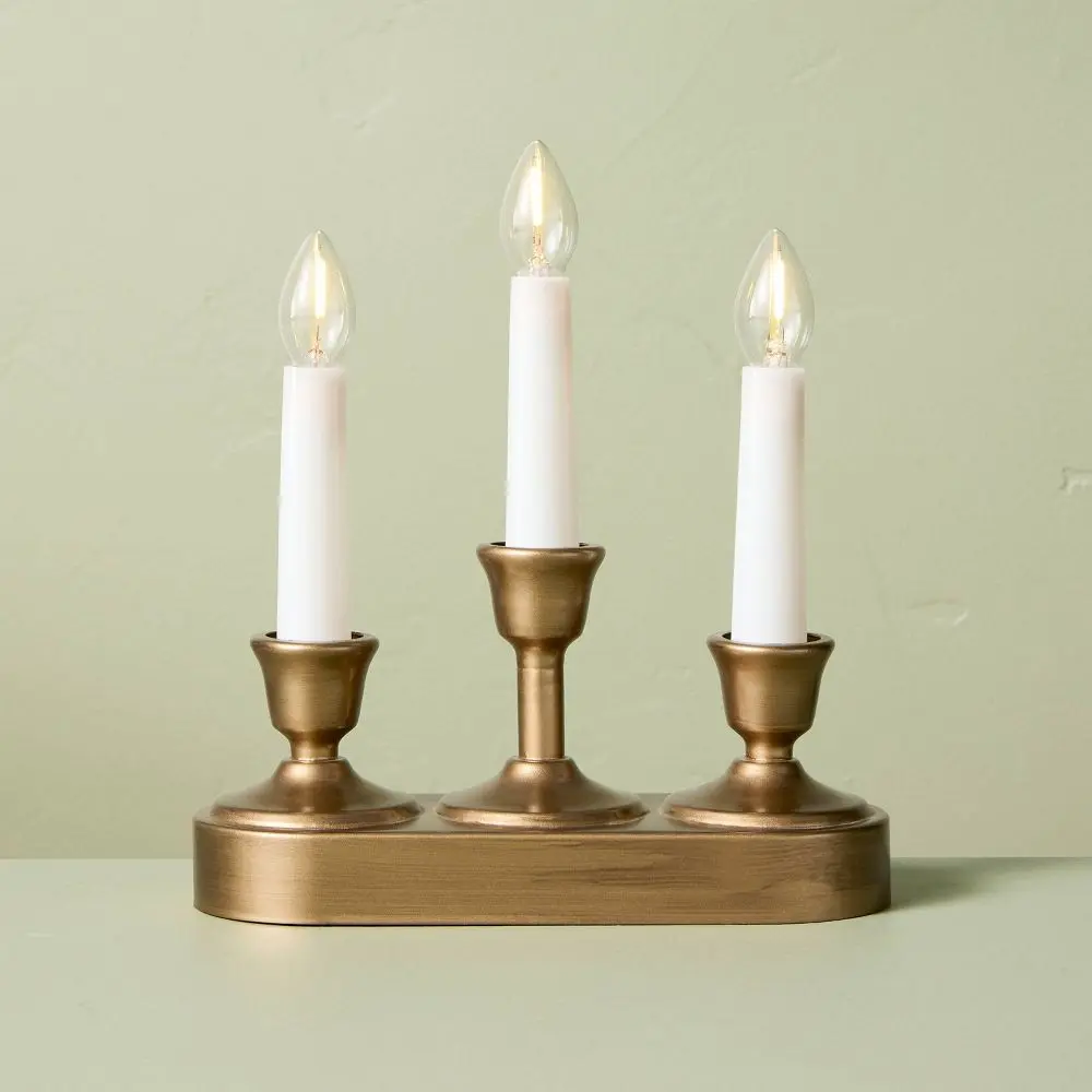 8.66" Christmas Window Flameless Candelabra Brass - Hearth & Hand with Magnolia 8.66" Christmas Window Flameless Candelabra Brass - Hearth & Hand with Magnolia