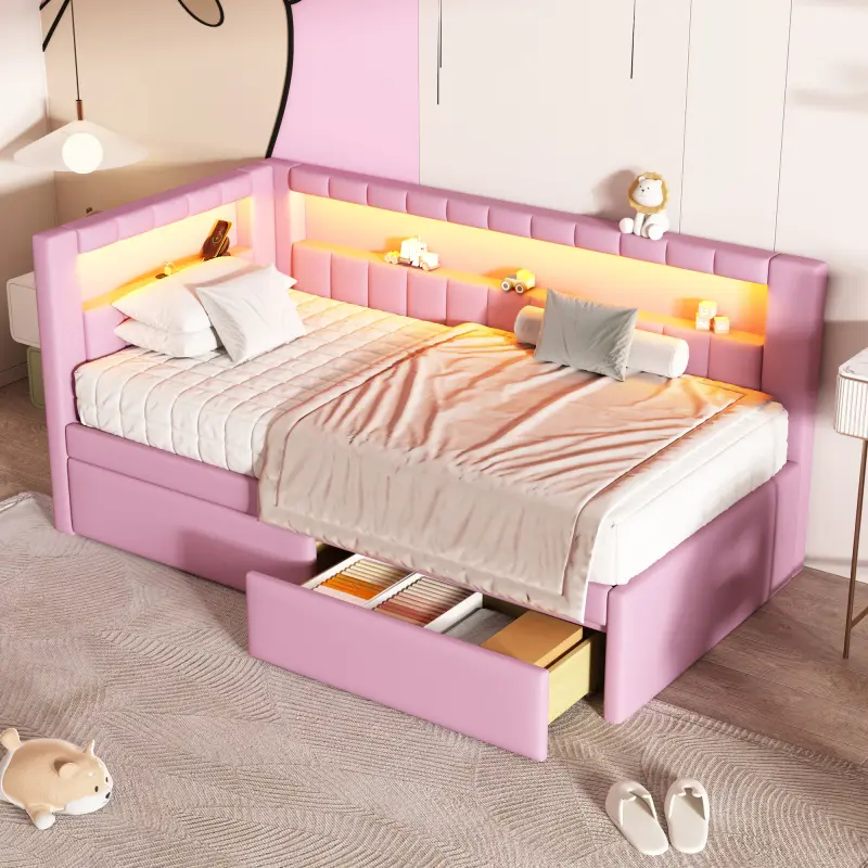 Linen Upholstered Twin Size Daybed Bed Frame - L-Shaped Bookshelf Headboard, Storage Drawers, Charging Station, LED Belt, Pink Beds