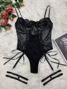 《Fling Night》 Leather & Lace Corset Lingerie for Women | Soft Leather | Elegant Lace Design | Babydoll Lingerie Set