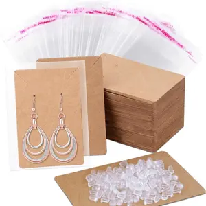 Anezus 100 Pcs Earring Display Cards with 200 Earring Backs and 100 Self-Sealing Bags for Earrings, Necklace & Jewelry Display, Kraft Color 3.5x2.4 Inches