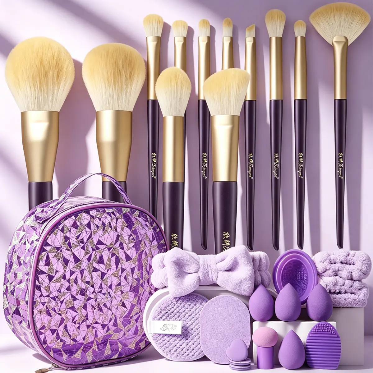 All-In-1 Soft Synthetic Makeup Brush Set, Face & Eye Detail Brushes with Holographic Round Cosmetic Bag, Purple Beauty Sponges, Powder Puffs, Plush Bow Hair Accessories, Silicone Cleaning Mat, Washing Bowl for Daily & Travel Use, Velvet, For Foundation