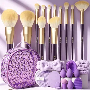 All-In-1 Soft Synthetic Makeup Brush Set, Face & Eye Detail Brushes with Holographic Round Cosmetic Bag, Purple Beauty Sponges, Powder Puffs, Plush Bow Hair Accessories, Silicone Cleaning Mat, Washing Bowl for Daily & Travel Use