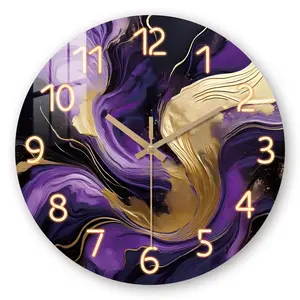 Dreamy Purple Golden Marble Texture Wall Clock | Silent, Round Wooden Quartz Clock with Tempered Film Veneer, Suitable for Living Room, Bedroom, Kitchen, and Office Decor - Aesthetic Home Art, Ideal Birthday Gift (AA Batteries Not Included)