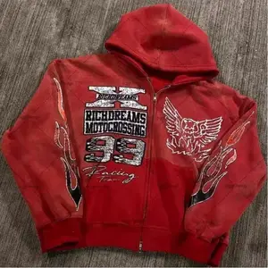 2025 Street Hip-Hop Printed Hooded Sweatshirt - Unisex Black & Red Zipper Jacket - Harajuku Casual Sweater, Urban Streetwear comfortable long sleeve season wear mud wash denim designer clothing  skull hoodie men summerween comfort color