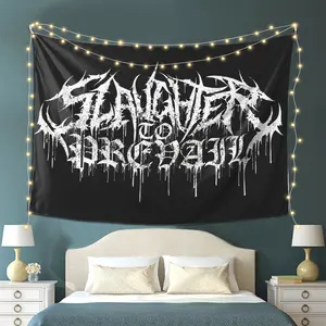 funny tapestry 60in x 40inSlasher to Prevail Black Metal Tapestry with White Text - Edgy Wall Hanging for Living Room, Bedroom, Office, Dorm Decor - Perfect Gift for Horror and Dark Aesthetic Lovers, Dark Aesthetic Wall Art