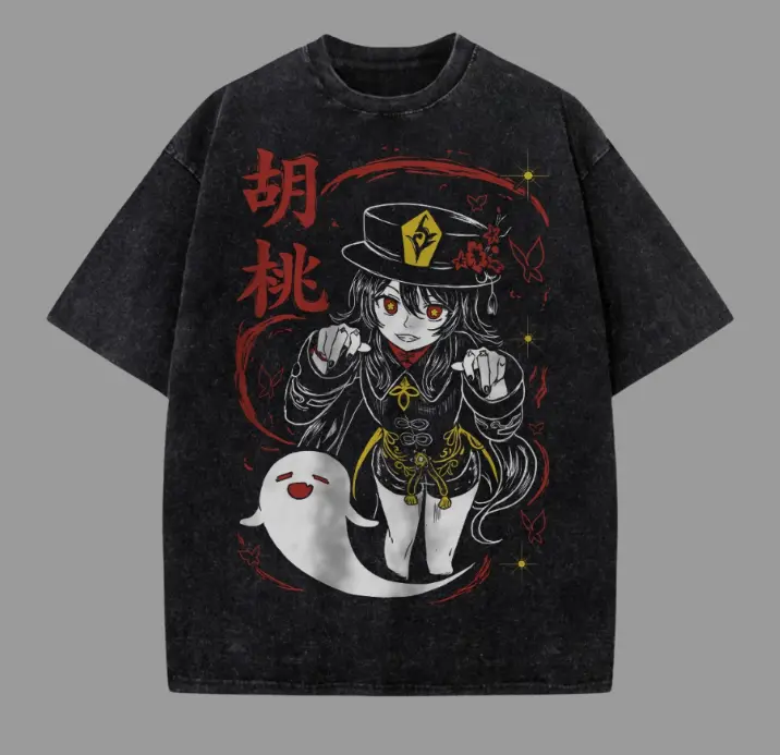 Hu Tao Anime Crewneck Shirt, Hu Tao Genshin Impact Ghost Spirit Vintage 90s Graphic T-Shirt - 77th Director of Wangsheng Funeral Parlor Aesthetic Anime Tee, Hu Tao Apparel, Manga Style Unisex Cotton Crewneck T-Shirt Menswear Womenswear Streetwear Top
