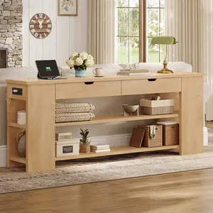 Sikaic 71.8 inch Extra Long Console Table with Shelves & Built-In Outlets, Farmhouse Entryway Table with Drawers and Shelves for Living Room or Hallway summergarden
