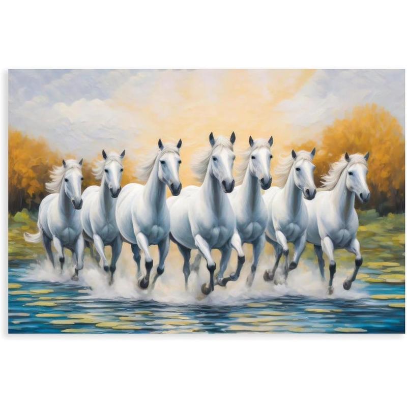 Seven White Horses Canvas Poster Wall Art Decor Vastu Print Picture for Office Room Decoration Frame-style Frame-style08x12inch(20x30cm)