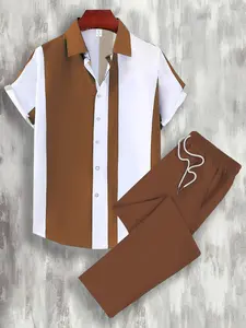 Men's Colorblock Set, Clothes, Casual Daily Style, Fashion Striped Elements, Texture Details, Versatile Fit, Young Men Summer Commute