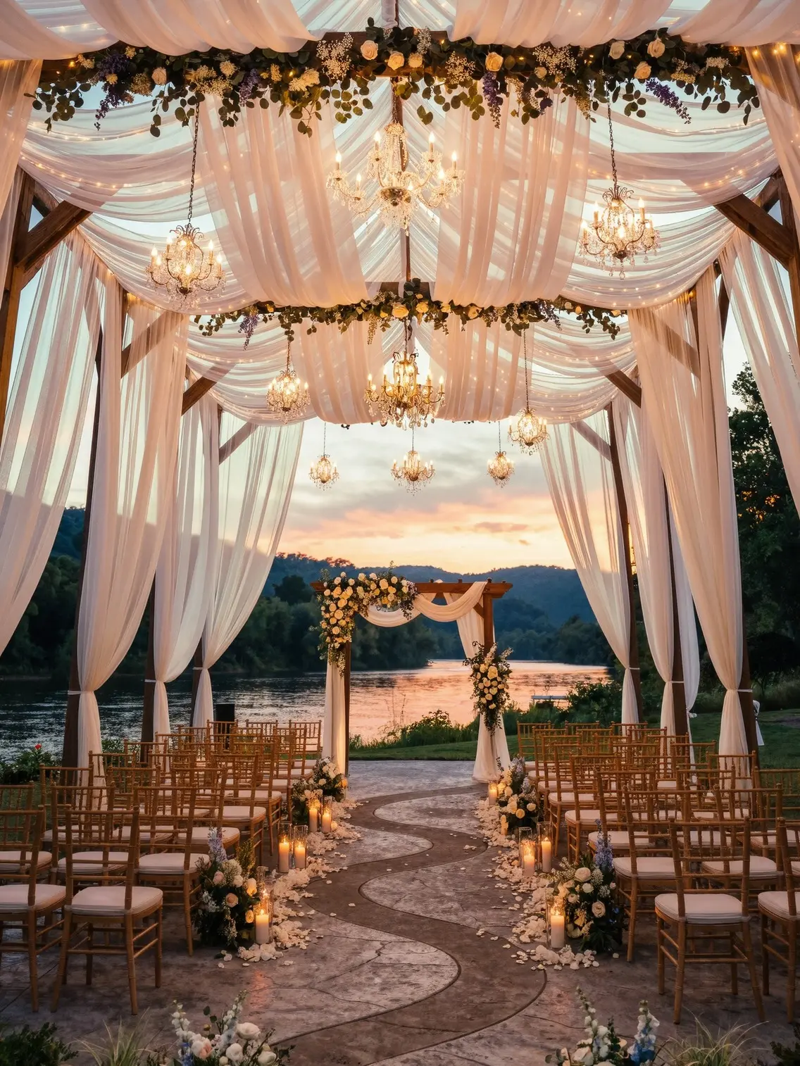 Ivory Sheer Tulle Ceiling Curtains with Light Strings, 6 Panels (5ftx10ft) – Wedding Ceremony Backdrop, Photo Background & Party Arch Decoration