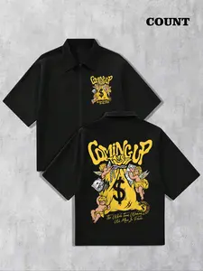 Men's Regular Fit Letter & Angel Print Short Sleeve Shirt, Casual Comfy Top for Summer, Fashion Men's Top for Daily Wear, Pajamas