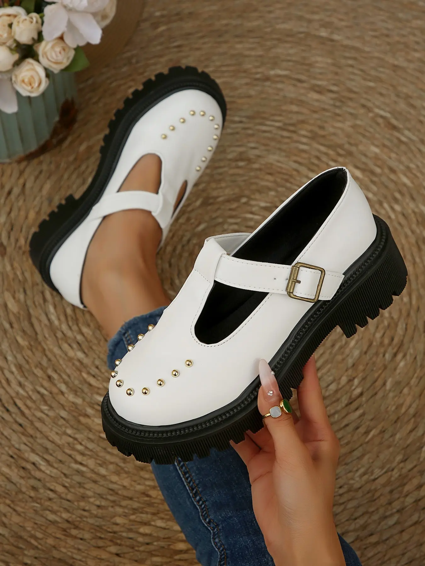 Women's Spring Summer New Matte Rivet Thick Sole Mary Jane Shoes, T-Strap Buckle, Zigzag Thick Sole, Sweet Cool Style, College & Streetwear, Platform Mary Janes