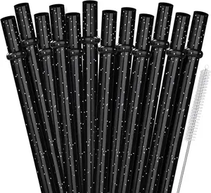 12PCS Reusable Plastic Black Glitter Straws, 13 in Extra Long Tumbler Straws for Stanley Cups, Gallon Jug, 64 oz 40 oz 32 oz Yeti, Starbucks, Mason Jars, Plus Cleaning Brush