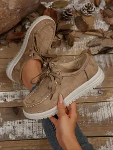 New Soft Sole Lace-Up Casual Women's Walking Shoes, Fashionable Versatile Suede Flat Non-Slip Single Shoes, All-Season PU Leather Footwear