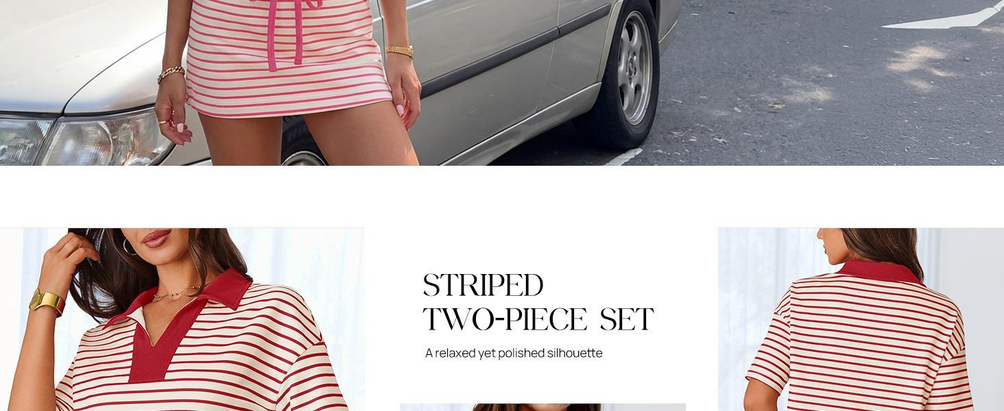 MEROKEETY Women's Striped 2 Piece Outfits Casual Skirt Set Workout Short Sleeve Polo Shirt Skort Matching Lounge Sets