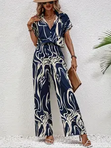 Women's Abstract Geometric Print Woven Short Sleeve Shirt and Long Pants Set, Matching Outfit, Fitted Casual Summer, Comfortable and Stylish, Perfect for Daily Wear