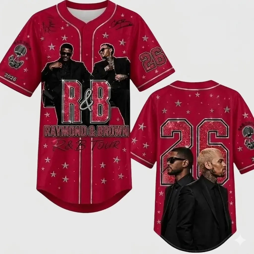 RnB Raymond Brown Red Sparkle Baseball Jersey, Music Fan Short Sleeve Button Down Shirt, Vintage Star Graphic Hip Hop Concert Outfits Men Women