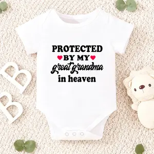 Protected by My Great Grandma in Heaven" Soft Cotton Youngsters Onesie - White with Black Letter Print, Round Neck, Short Sleeve, Youngsters Romper, Perfect for Outdoor