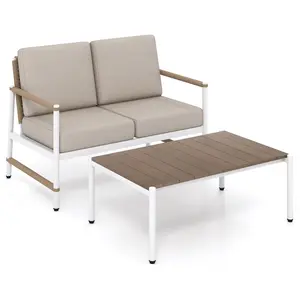 COSTWAY - Patio Loveseat Sofa with Coffee Table Set with Thick Cushions