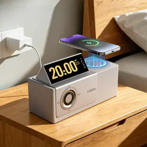 GoldJoy 7-in-1 Wireless Charging Station, Flip-Up Screen Bluetooth Speaker, 15W Fast Charger Dock, Sunset Projection Lamp, White Noise Machine, Heavy Bass Speaker, Alarm Clock, Desktop Nightstand Charging Hub for iPhone Samsung