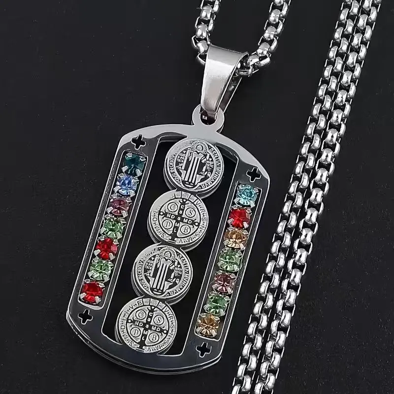 Stainless Steel St Benedict Medal Dog Tag Necklace, Multicolor Rhinestone Inlay Catholic Protection Amulet Pendant, Waterproof Faith Prayer Spiritual Jewelry Gift for Women Men