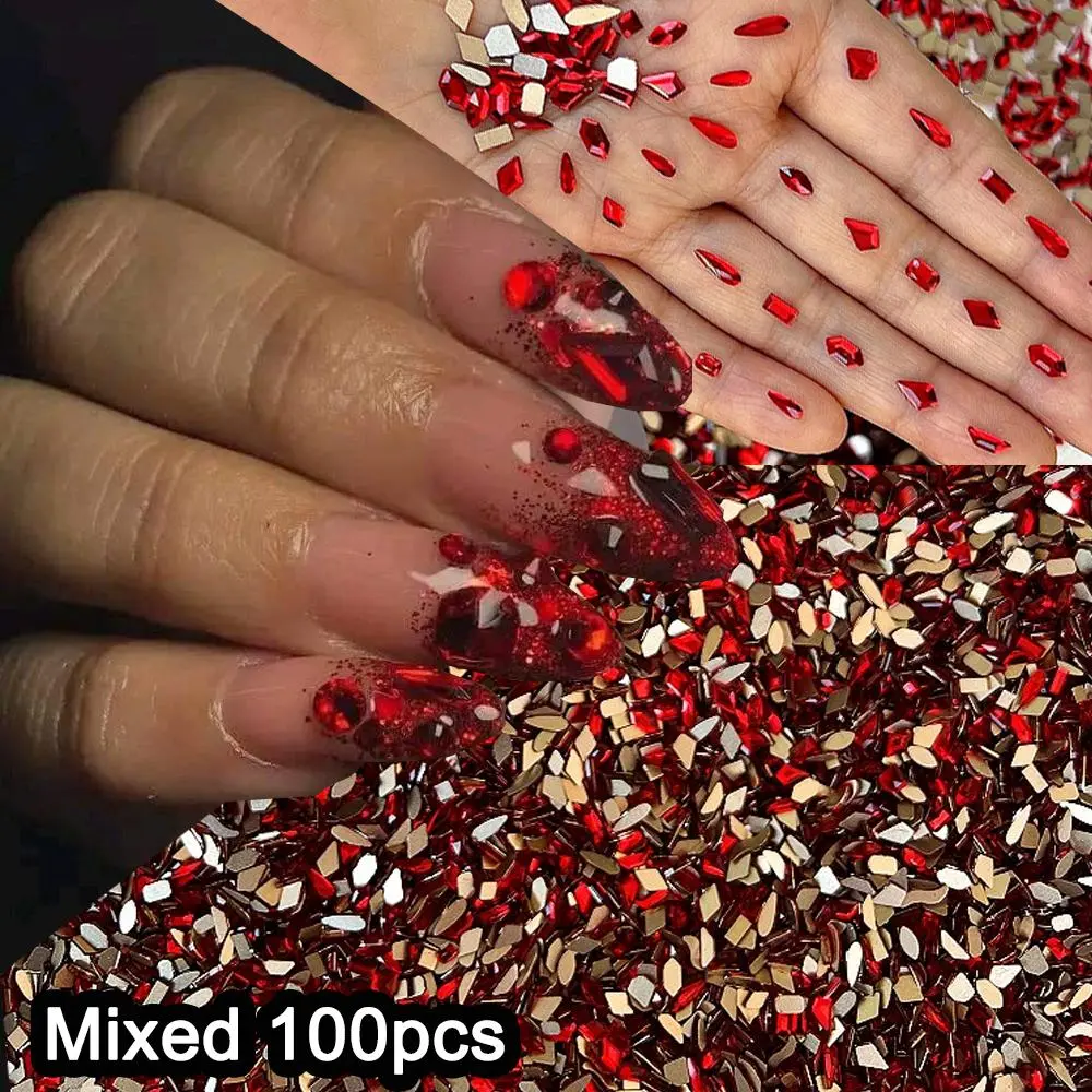 100pcs 3D Christmas Valentine Mini Red Nail Rhinestones Mixed Shape Flatback Sexy Red Crytal Nail Diamond y2k New Year Nail Gems