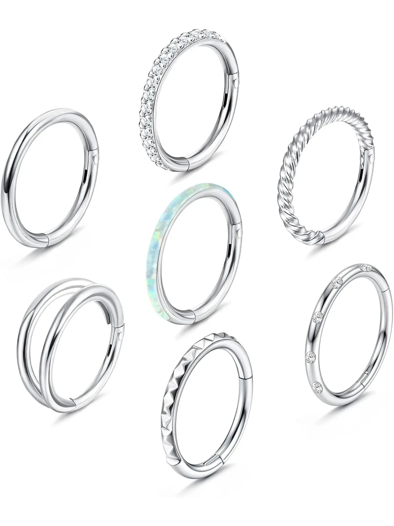7Pcs 18G 16G Surgical Steel Nose Rings Set Hoops for Women Men Opal CZ Clicker Hinged Segment Septum Lip Hoop Nose Rings Helix Cartilage Conch Daith Rook Earrings Piercing Jewelry Swirly Conch Jewelry 8mm 10mm