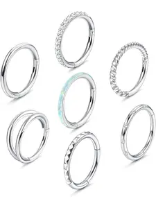 7Pcs 18G 16G Surgical Steel Nose Rings Hoops for Women Men Opal CZ Clicker Hinged Segment Septum Lip Hoop Nose Rings Helix Cartilage Conch Daith Rook Earrings Piercing Jewelry Swirly Conch Jewelry 8mm 10mm