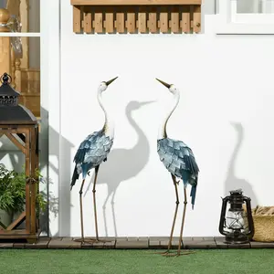 2PCs Crane Garden Statues Metal Yard Art Bird Sculptures, Blue