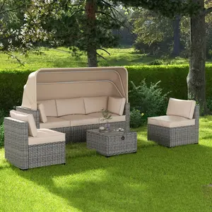 FathersDayGift 6 Pieces Patio Furniture Sets, Outdoor Rattan Daybed with Retractable Canopy, Outdoor Sectional Sofa Set with Adjustable Backrest, Chaise Chair Sunbed for Garden Poolside Backyard-3