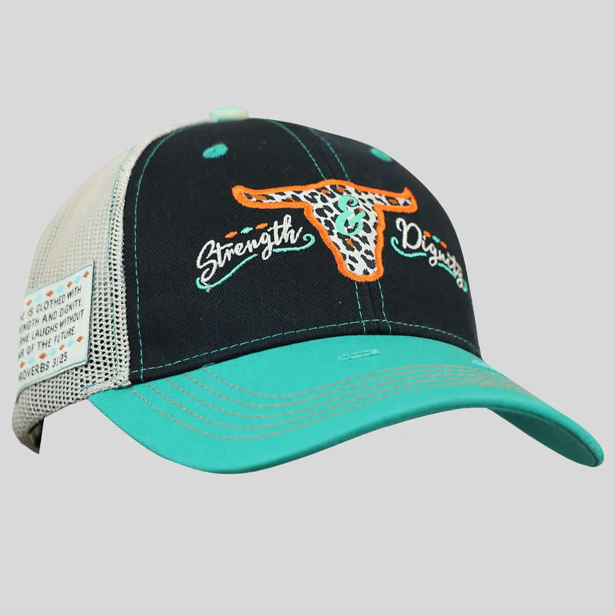 Women's Christian Trucker Cap with Embroidered 'Strength & Dignity' Slogan, Breathable Cotton and Mesh Back, Adjustable Fit, Trust In Jesus Slogan Hats