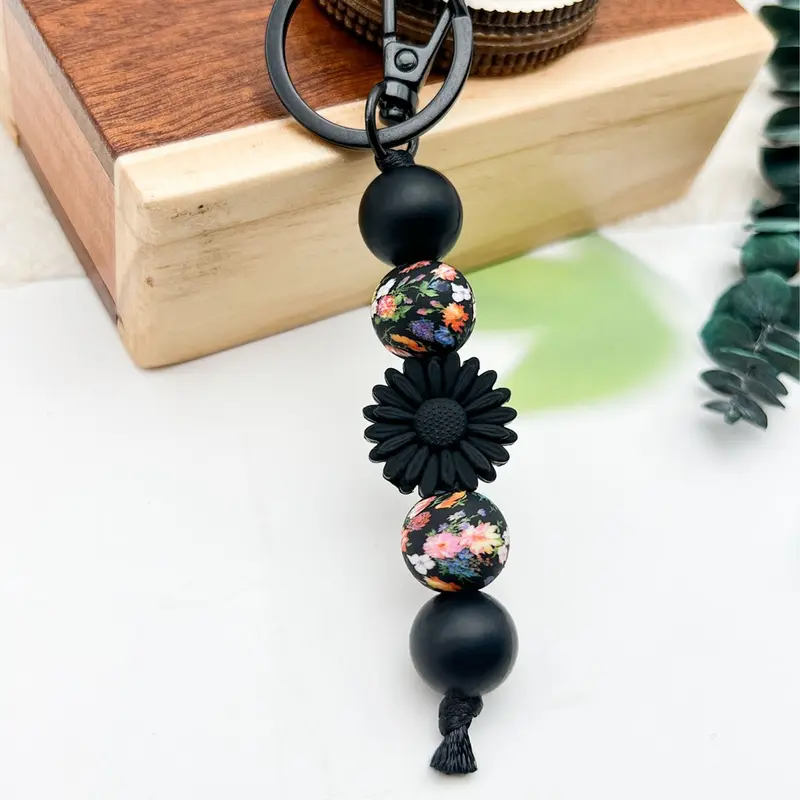 Bohemian Daisy Silicone Beaded Keychain, Floral Pattern Keychain, Teacher Gift Bag Car Pendant Charm, Perfect Gift for Teachers and Friends