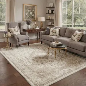 【Summervibes】GENIMO Washable Rug Low Pile Lightweight with Non Slip Backing for Living Room Bedroom Dining Room Floral Medallion Print Pattern Indoor Area Rugs Oatmeal Beige