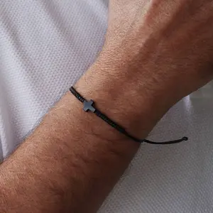 Tiny Hematite Cross Religious Christian Boy Bracelet, Boho Surfer Bracelet Hematite Handmade Woven Friendship Bracelet for Women Men, Natural Crystal Bracelet, Christmas gift, Birthday gift