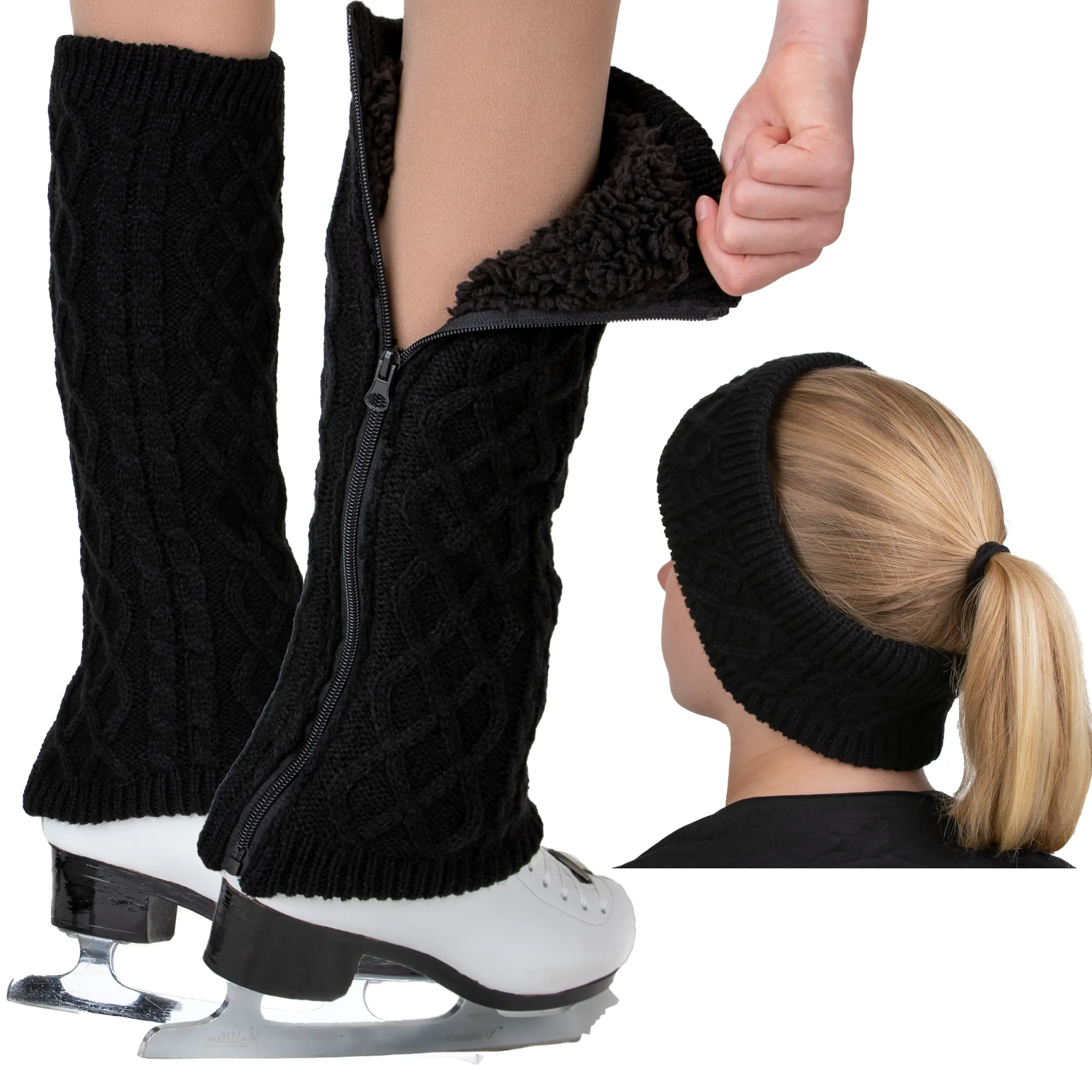 CRS Cross Leg Warmers and Headband Set for Figure Skating. Zipper Easy On/Off. Warm Knit Fleece Lined