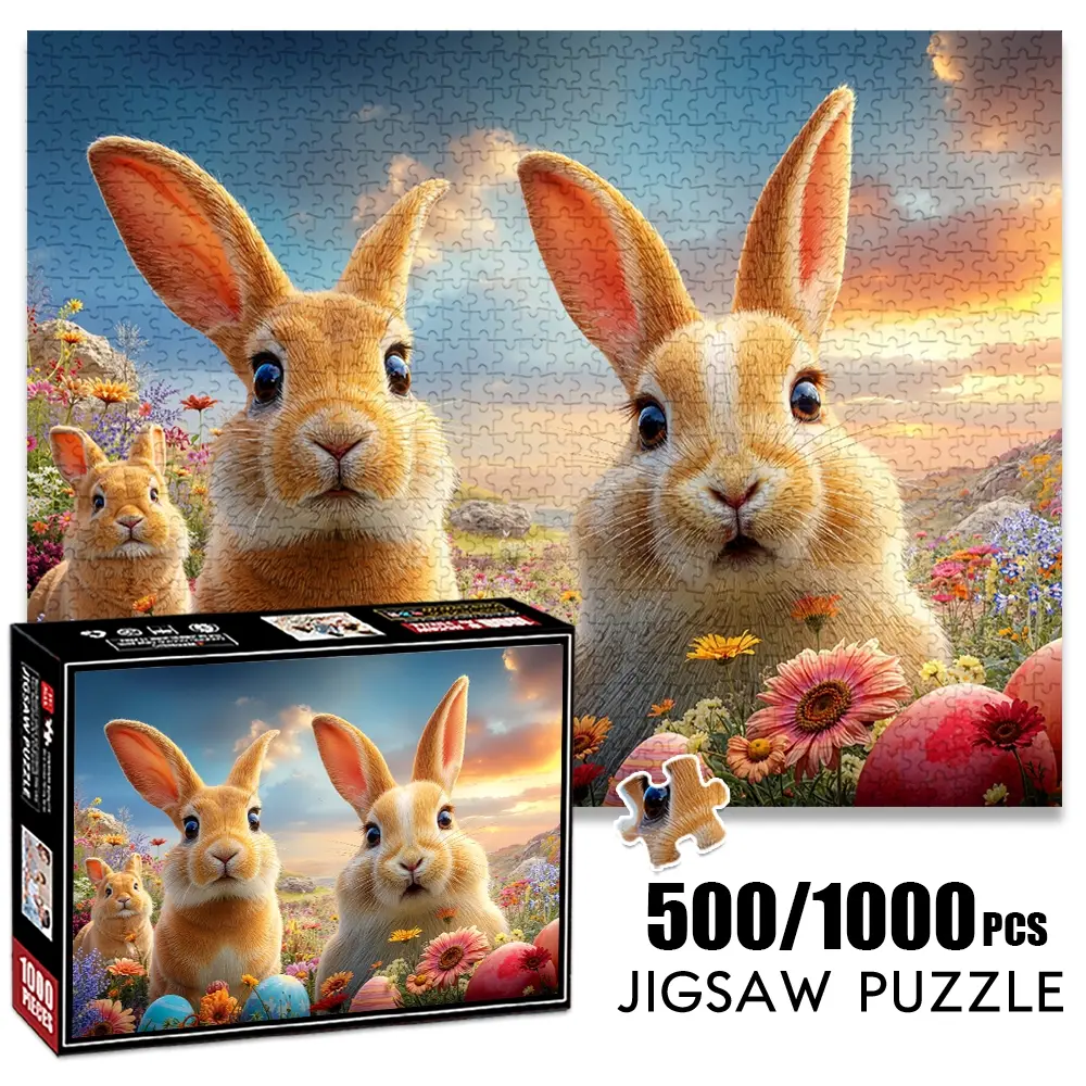 1pc 1000 piece adult puzzle 70x50cm Rabbits in Flower - Filled Field with Easter Eggs 500 pieces of paper jigsaw puzzle, suitable for adults and families, large-scale DIY puzzle interactive toy g