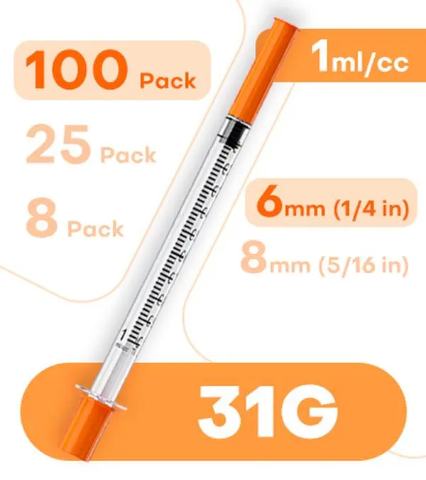 100 Pack 31G 1mL U-100 1/4" (6mm) Precision Liquid Dispensing Lab Tools, Individually Wrapped, Clear Measurement Markings campingessentials