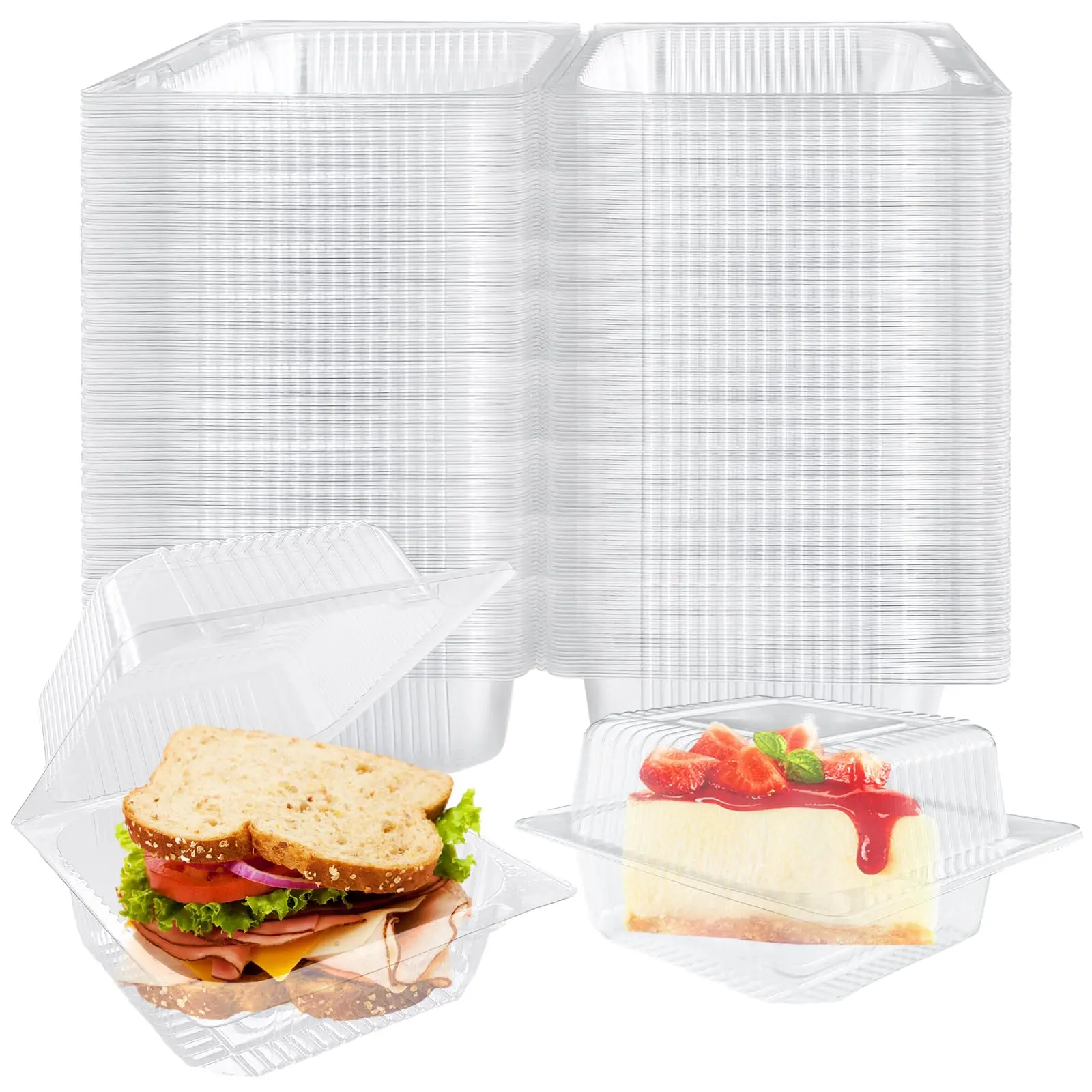 Transparent Plastic Container with Lid, Individual Cake Slice Holder, Square Food Storage, Disposable Flip-Top Clear Containers for Cakes, Cookies, Pasta, Sandwiches, Salad, Desserts