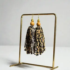 Leopard Print Tassel Earrings with Wooden Beads and Gold Hooks for Stylish Accessory