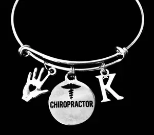 Chiropractor Charm Bracelet – Adjustable Silver Bangle with Hand, Chiropractor Pendant, and Personalized Initial – Gift for Chiropractors and Students