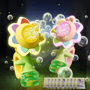 Rainbow Flower Bubble Machine for Kids, Handheld Bubble Maker, Rotating Head with Colorful Lights, Includes 10 Packs of Bubble Solution, Perfect for Outdoor Parties Ages 3-12
