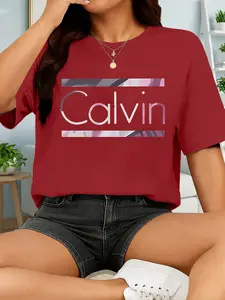 Calvin Gradient Line Art Women's Casual Short Sleeve Crew Neck Cotton T-Shirt – Bestselling Minimalist Graphic Print, Beige, Machine Washable Spring & Summer Top, Soft Skin-Friendly Fabric, Daily Versatile, Fashion Design