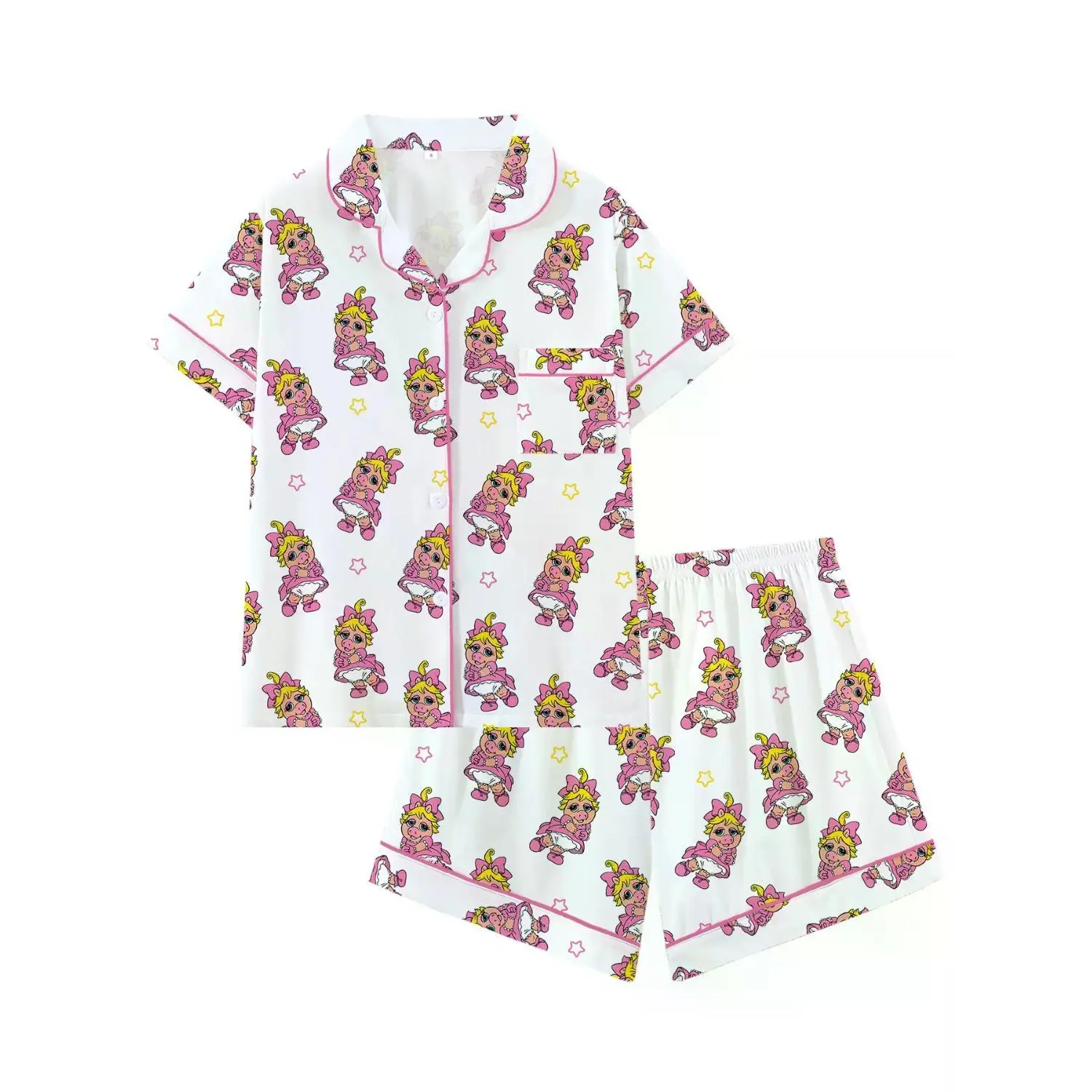 Women's Adorable Piggy Print Pajama Set - Short Sleeve Open Front Two-Piece Sleepwear with Trim