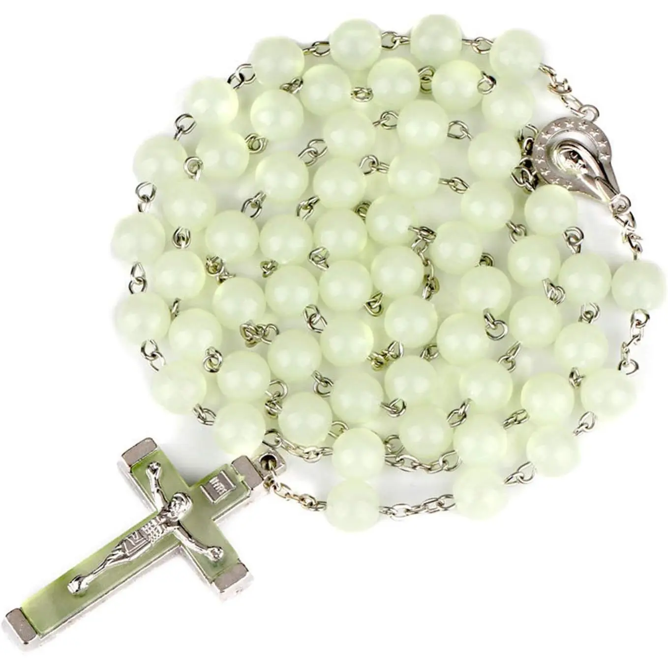 Glow in The Dark Rosary Luminous Necklace Glow in The Dark Cross Y Necklaces Catholic Round Beads Religious Jesus Crucifix Rosary Chains for Women Men