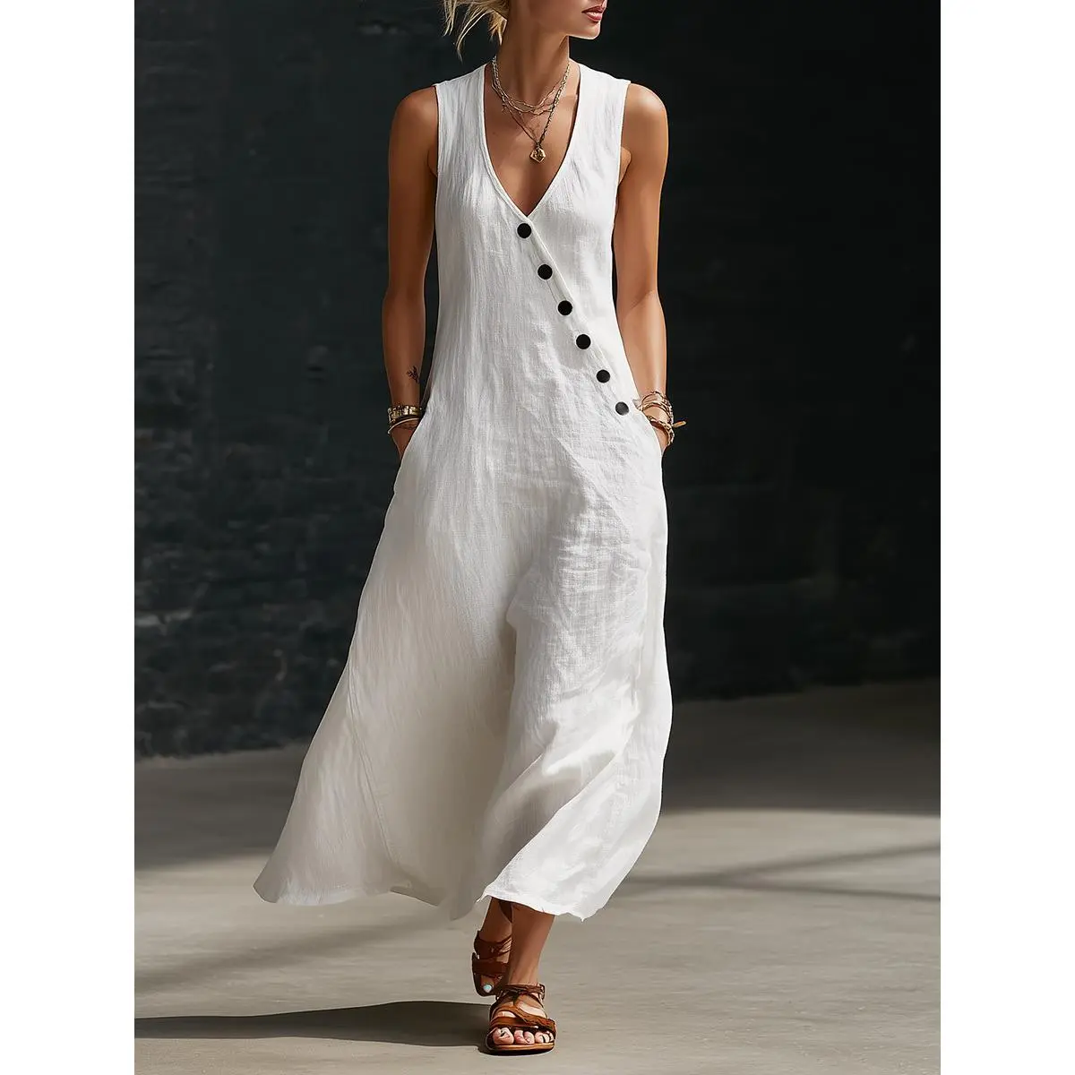Women's Breathable Linen Maxi Dress Sleeveless V Neck Asymmetrical Button Loose Fit Casual Dress with Pockets for Summer Beach Vacation