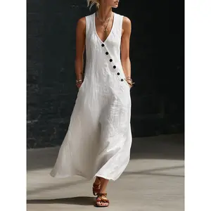 Women's Breathable Linen Maxi Dress Sleeveless V Neck Asymmetrical Button Loose Fit Casual Dress with Pockets for Summer Beach Vacation