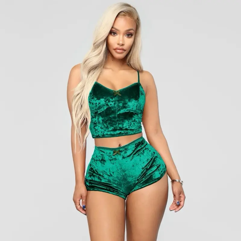 Women’s Velvet 2-Piece Pajama Set – Sleeveless Cami Top & Shorts